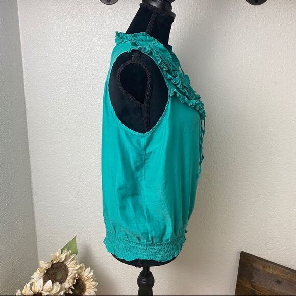 Sheer Teal/Turquoise Ruffle V-Neck - Picture 4 of 8